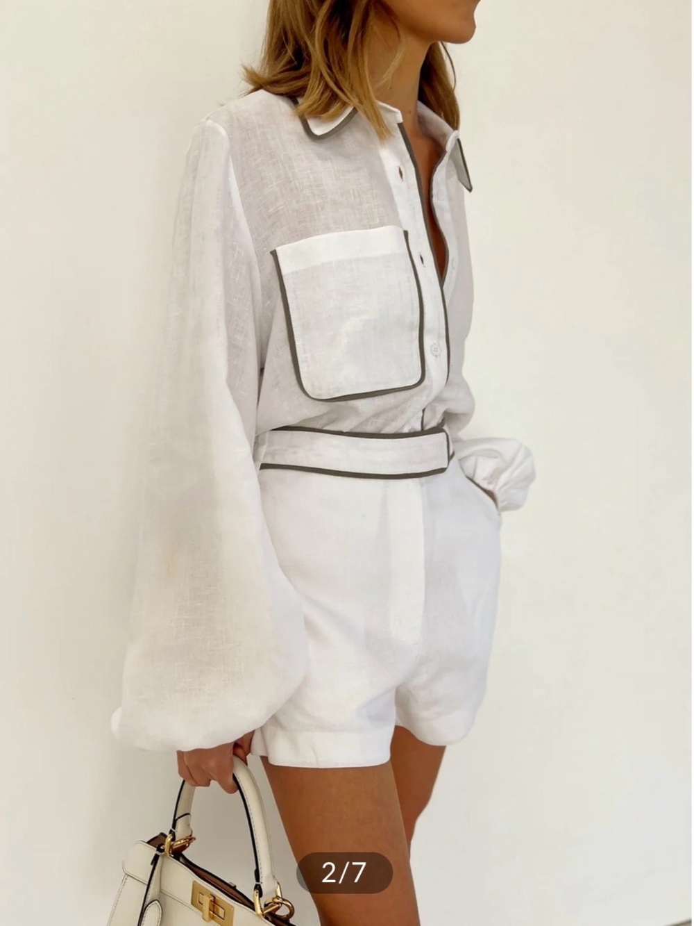 Commense Cotton & Linen Contrast Trim Two Piece Shorts Set - Picture 2 of 5